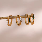 18K Plated Rhinestone Hugges Hoops Earrings, 15mm Small Size Green Crystal