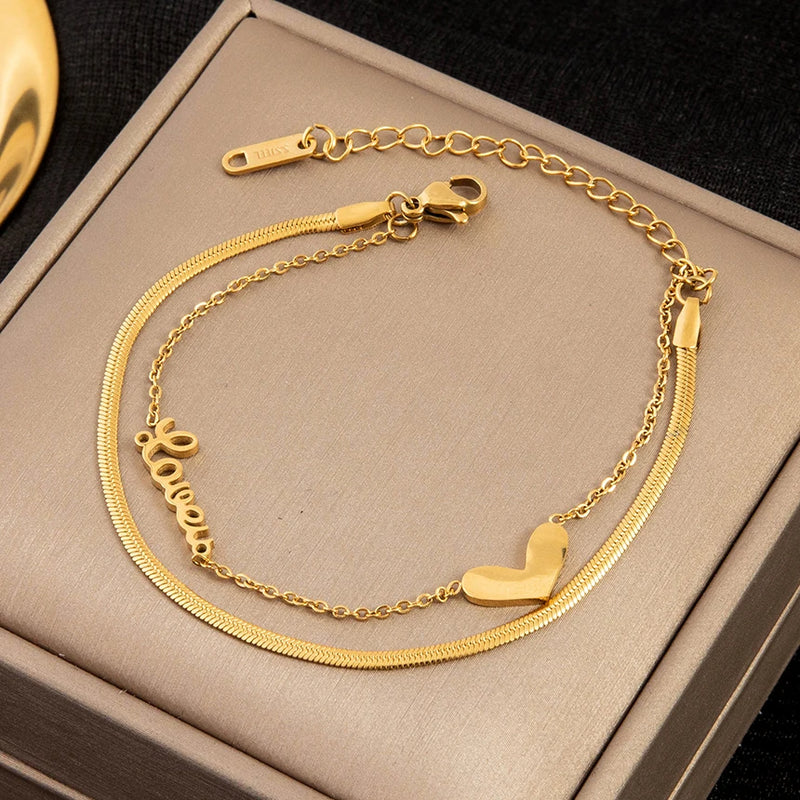 316L Stainless Steel Heart Charm Chain Bracelet - Fine Jewelry