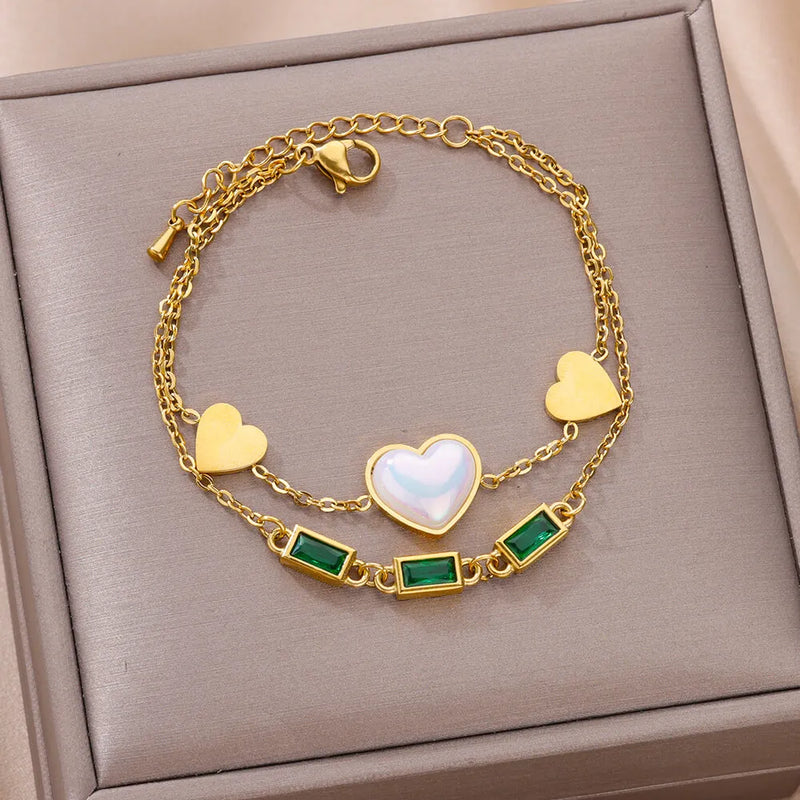 316L Stainless Steel 2-Layer Heart Crystal Charm Bracelet