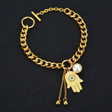 Hand Of Fatima Pearl Charm Thick Chain Bracelet
