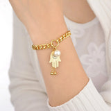 Hand Of Fatima Pearl Charm Thick Chain Bracelet