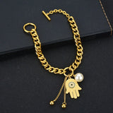 Hand Of Fatima Pearl Charm Thick Chain Bracelet