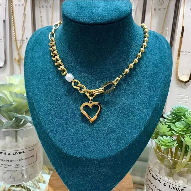 316L Stainless Steel Heart Charm Chain Choker Necklace
