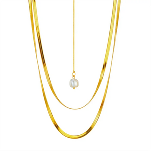 316L Stainless Steel 3 Layer Pearl Pendant Flat Snake Bone Chain Necklace