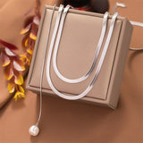 316L Stainless Steel 3 Layer Pearl Pendant Flat Snake Bone Chain Necklace