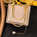 316L Stainless Steel 3 Layer Pearl Pendant Flat Snake Bone Chain Necklace