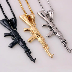 316L Stainless Steel AK47 Gun Pendant Necklace Box Link Chain 24inch