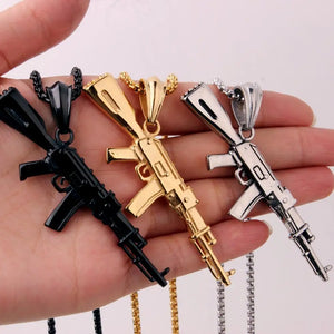 316L Stainless Steel AK47 Gun Pendant Necklace Box Link Chain 24inch