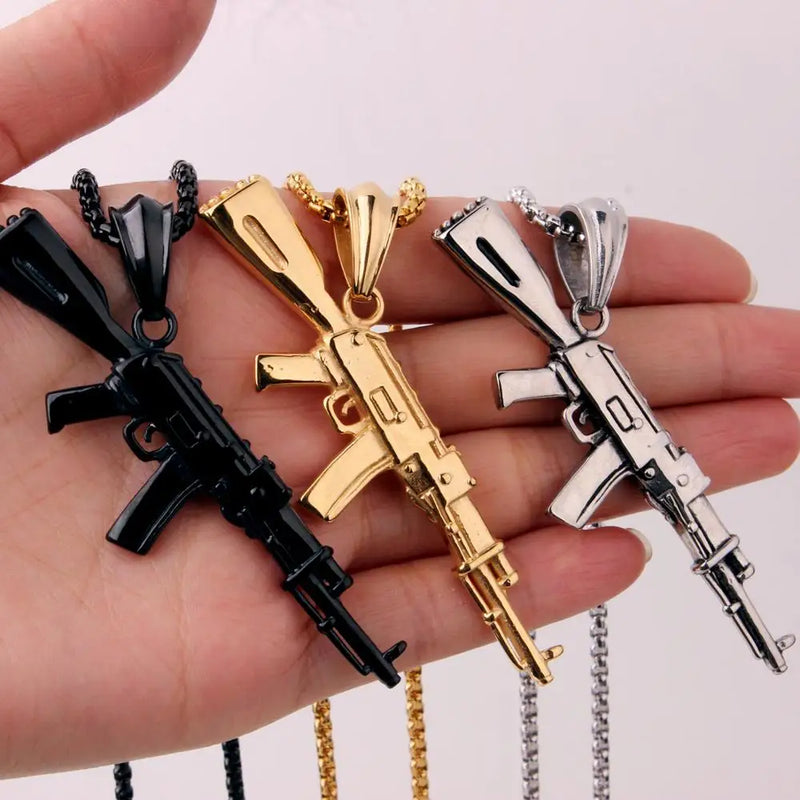 316L Stainless Steel AK47 Gun Pendant Necklace Box Link Chain 24inch