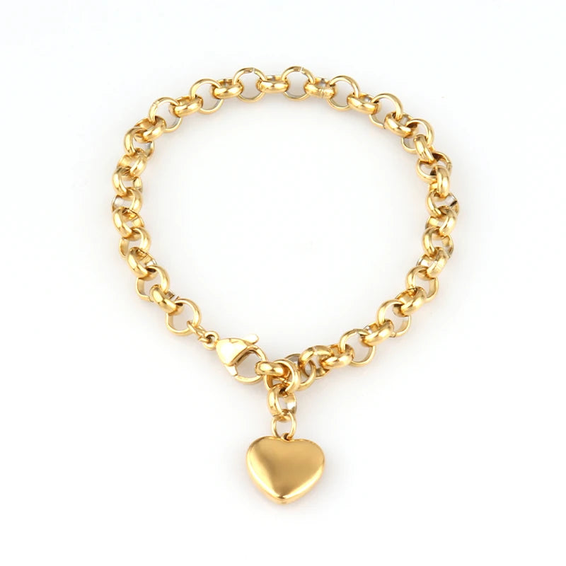 Vintage Heart Pendant Chain Bracelet 316L Stainless Steel Lock Charms Jewelry