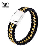 316L Stainless Steel Chain Punk Weave Style Leather Men's Link Strand Hand Chain
