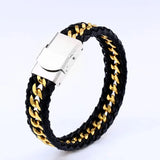 316L Stainless Steel Chain Punk Weave Style Leather Men's Link Strand Hand Chain