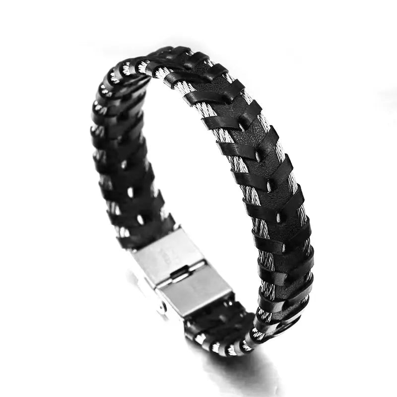 316L Stainless Steel Chain Punk Weave Style Leather Men's Link Hand Chain