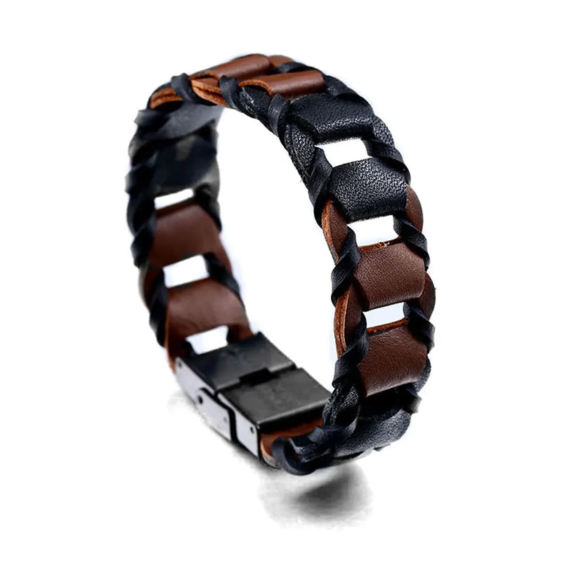 316L Stainless Steel Clip Weave Leather Bracelet Biker Jewelry