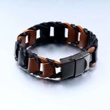316L Stainless Steel Clip Weave Leather Bracelet Biker Jewelry