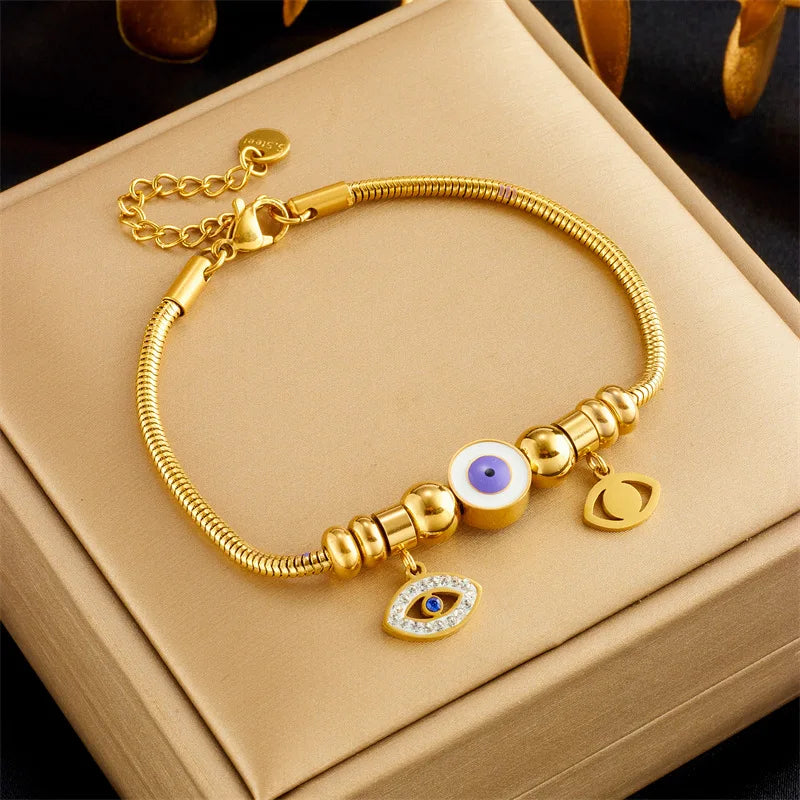 316L Stainless Steel Evil Eye Tag Bracelet Crystal Charm Jewelry Bangle