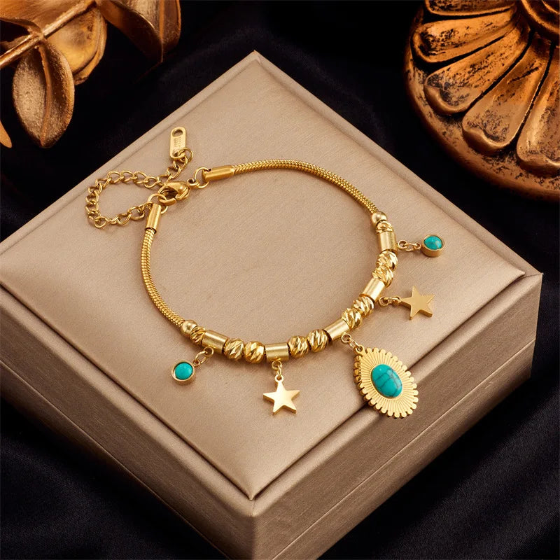 316L Stainless Steel Evil Eye Tag Bracelet Crystal Charm Jewelry Bangle