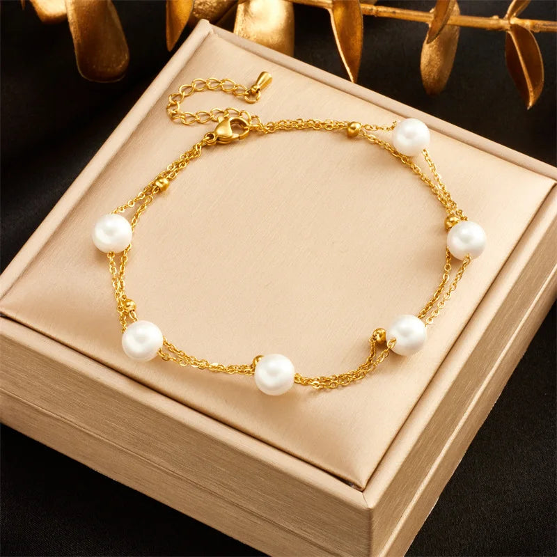 316L Stainless Steel Double Layer Pearl Charm Anklets For Women Girl