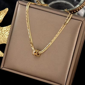 316L Stainless Steel Zircon Necklace Double Layer Women Ring Pendant
