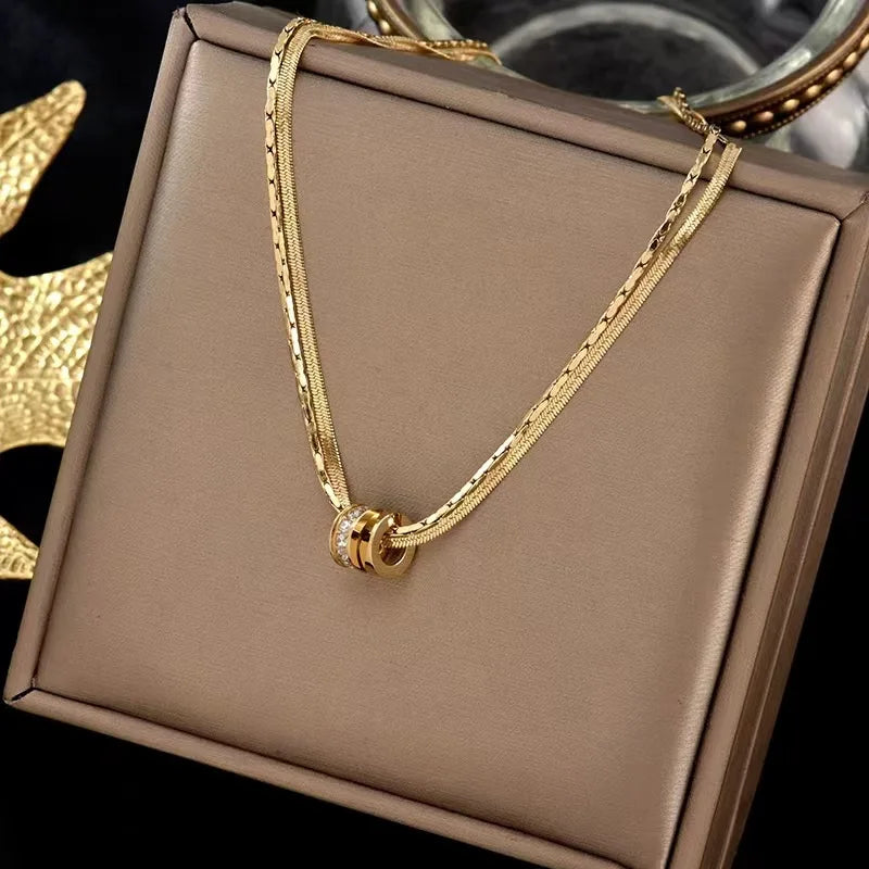 316L Stainless Steel Zircon Necklace Double Layer Women Ring Pendant