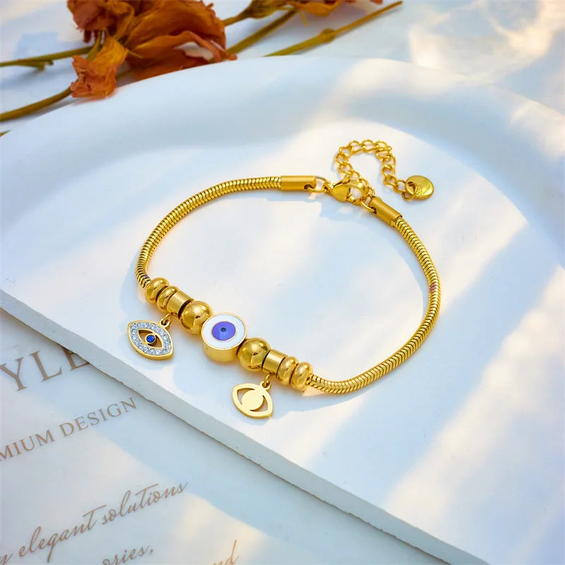 Vintage Eye Beads Charm Bracelet For Women 316L Stainless Steel Bangle