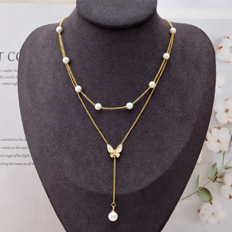 Butterfly Pearl Tassel Charm Choker Necklaces for Women