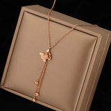 316L Stainless Steel Butterfly Charms Chain Zircon Pendant Choker Necklace