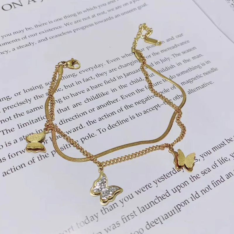 316L Stainless Steel Zircon Butterfly Charm Anklets for Women