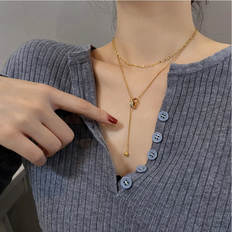 316L Stainless Steel Circle Zircon Tassel Choker Necklace