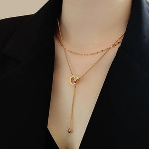 316L Stainless Steel Circle Zircon Tassel Choker Necklace