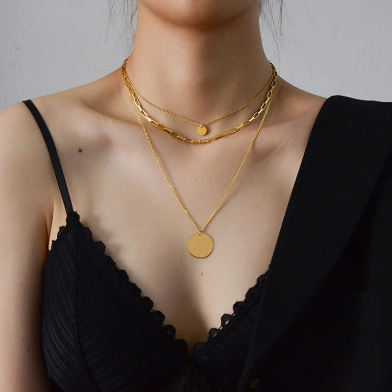 316L Stainless Steel 3 Layer Round Charms Chain Choker Necklace