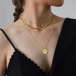 316L Stainless Steel 3 Layer Round Charms Chain Choker Necklace