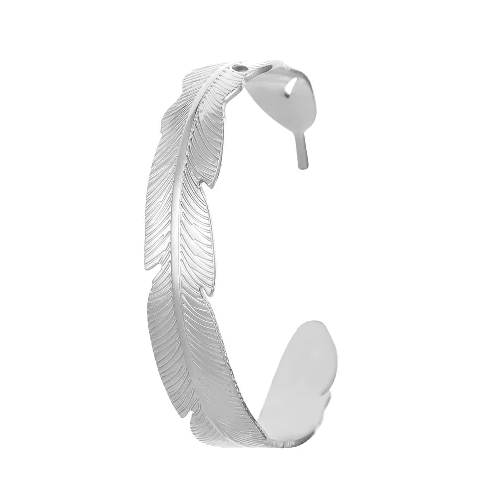 316L Stainless Steel Feather Women Open Bangle Vintage Cuff Bracelet