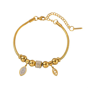 316L Stainless Steel Zircon Eyes Leaf Charm Snake Chain Bracelet
