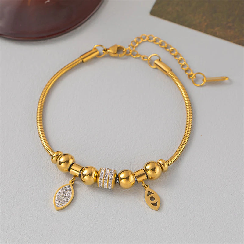 316L Stainless Steel Zircon Eyes Leaf Charm Snake Chain Bracelet