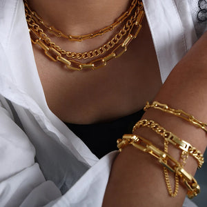 Geometric Chain Necklace Bracelet Set 316L Stainless Steel Non-fading