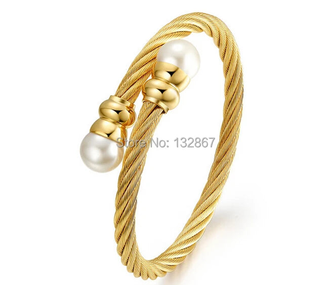 316L Stainless Steel Pearl Bracelet Open Wire Cuff Bangle