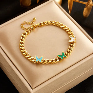 316L Stainless Steel Green Enamel Butterfly Heart Women's Bracelet