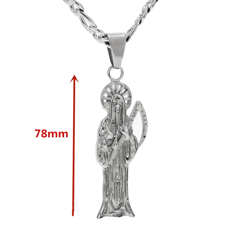 316L Stainless Steel Santa Muerte Pendant with 9MM Chain