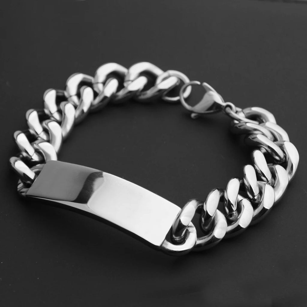 316L Stainless Steel ID Bracelet for Men Smooth Tag Link Chain Bangle