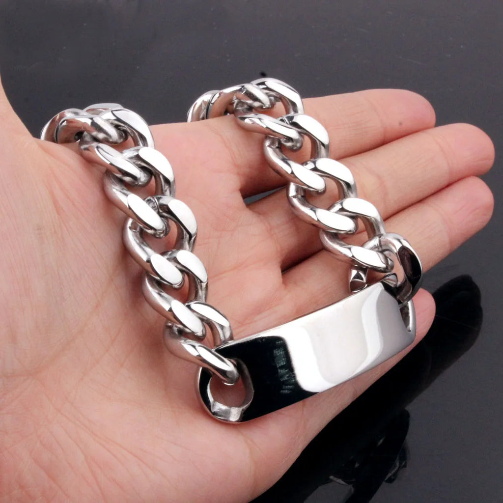 316L Stainless Steel ID Bracelet for Men Smooth Tag Link Chain Bangle