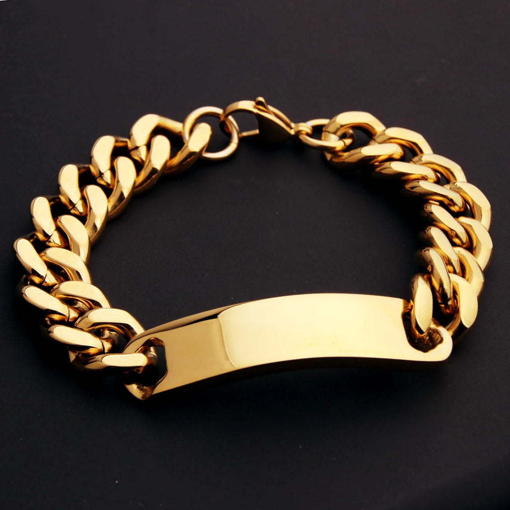 316L Stainless Steel ID Bracelet for Men Smooth Tag Link Chain Bangle