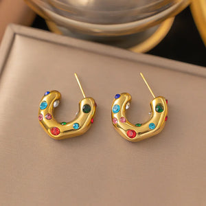 316L Stainless Steel C-shaped Earrings with Zircon and Pearl