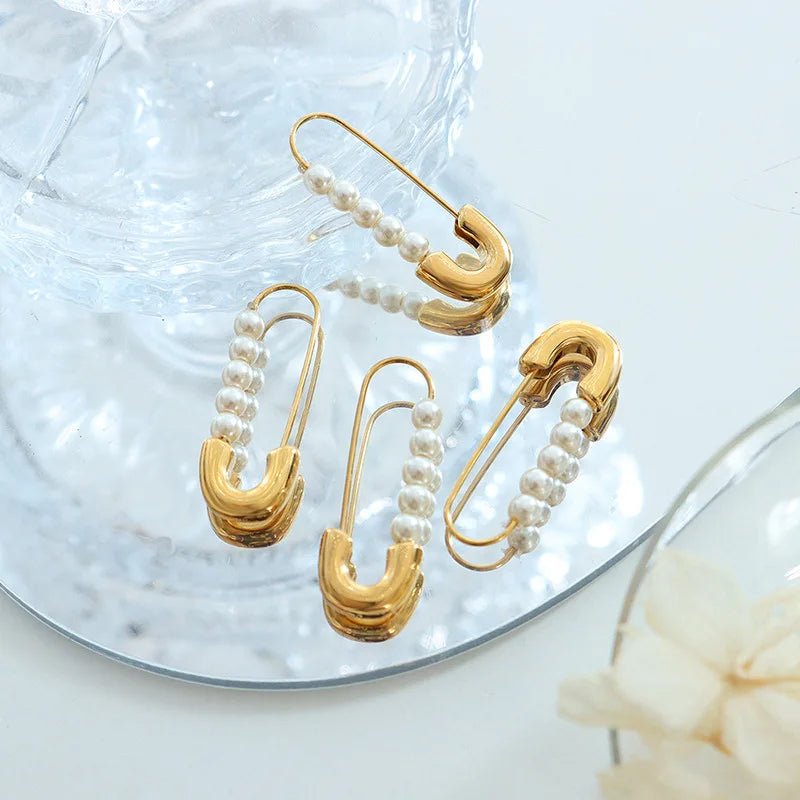 Dainty Safety Pin Pearl Earrings for Girl 18k Plated Earring