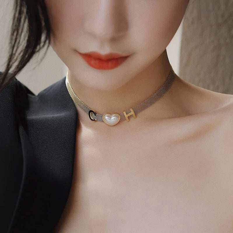 316L Stainless Steel Heart Pearl Charm Mesh Chain Choker Necklace for Women