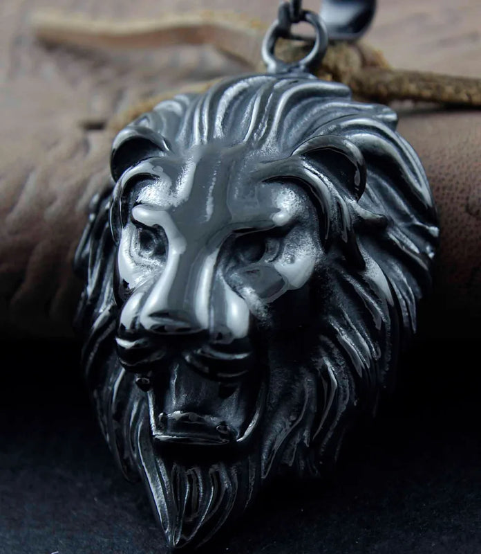 316L Stainless Steel Men's Black Lion Head Biker Rocker Pendant