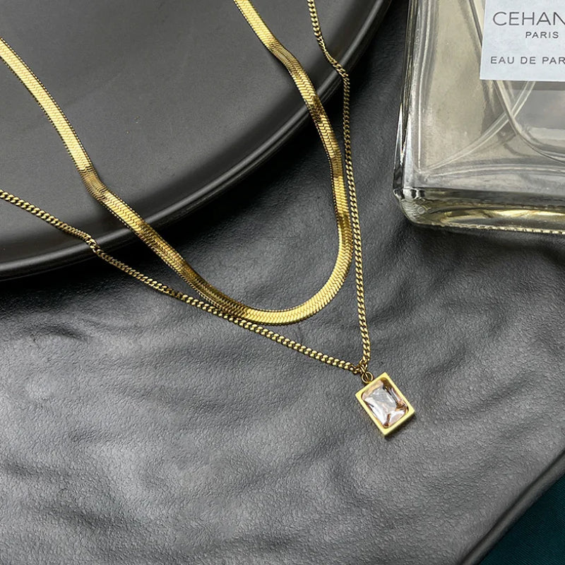 316L SS Fine Jewelry 2 Layer Zircon Chain Choker Necklaces for Women