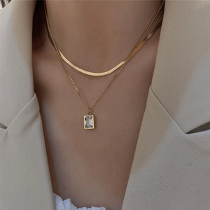 316L SS Fine Jewelry 2 Layer Zircon Chain Choker Necklaces for Women
