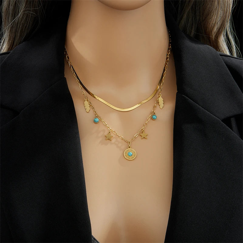 316L Stainless Steel Layered Charm Chain Choker Necklace For Women