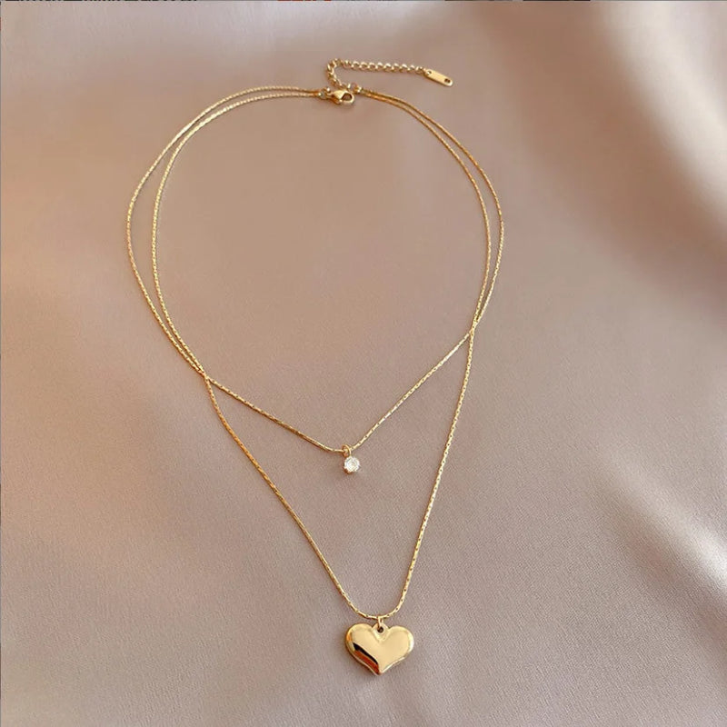 316L Stainless Steel Double Layer Heart Zircon Choker Necklace for Women
